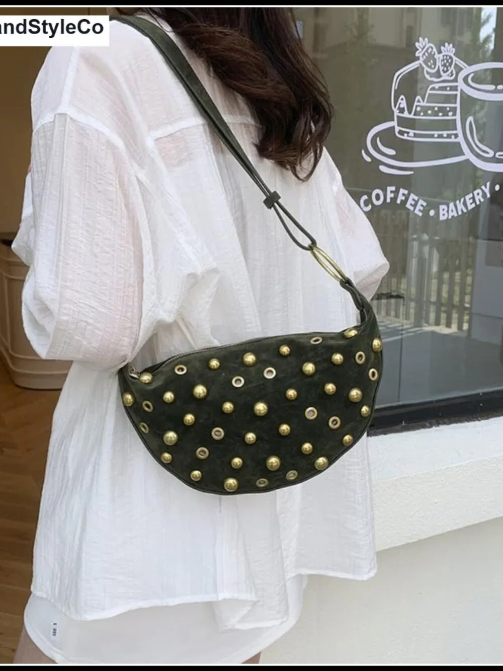 Faux Suede Studded Hobo Shoulder Bag Adjustable Strap Crescent Purse